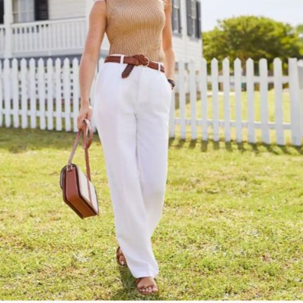 lands end new $84.95 white linen wide leg high rise pants 14 summer coastal nwt